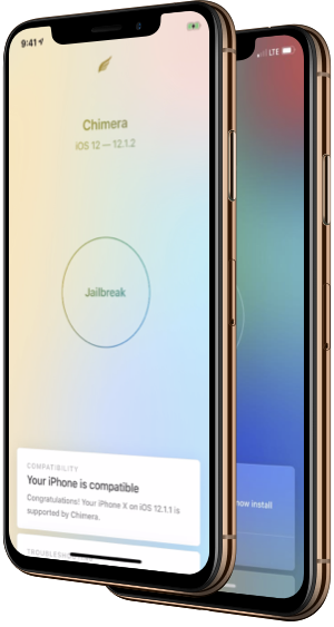 Two iPhones showing Chimera, one showing the pre-jailbroken state and another behind it showing afterwards.