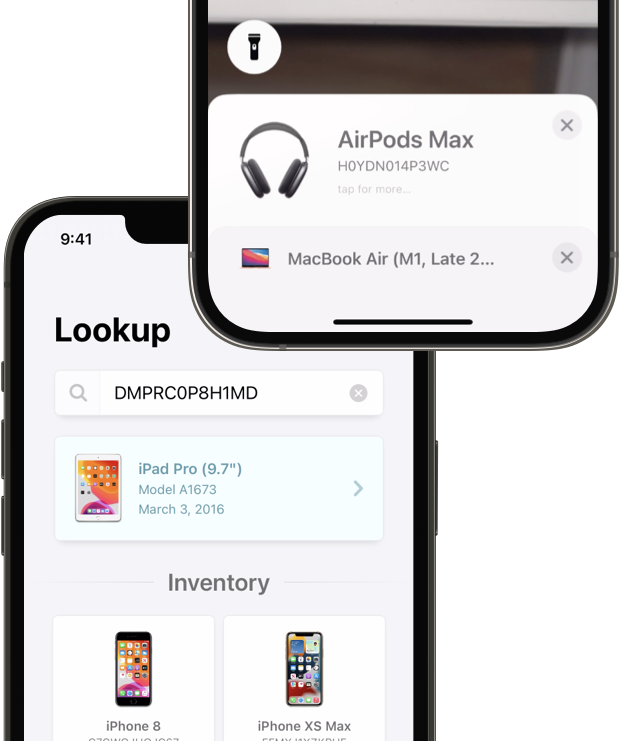 Two iPhones showing Lookup, one in the scanner interface with two devices scanned, and another showing the homepage.