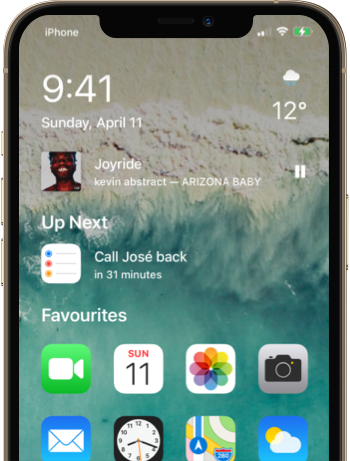 An iPhone showing the redesigned Home screen provided by Starfish, with the clock, weather, music, a calendar event titled 'Call José back,' and a group of apps called Favourites.