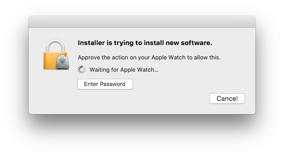 The same Mac authorization prompt from earlier, but with an indicator showing it is waiting for a response on the Apple Watch.}