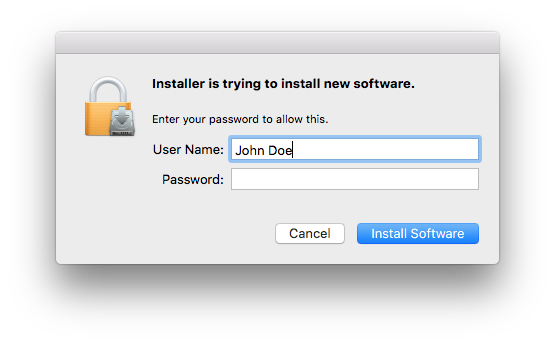 A macOS dialog asking for admin permissions to install software with a password.}