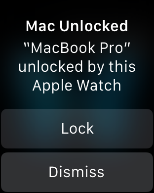 An Apple Watch showing that the MacBook Pro was unlocked, with buttons to Lock the Mac again or dismiss.}